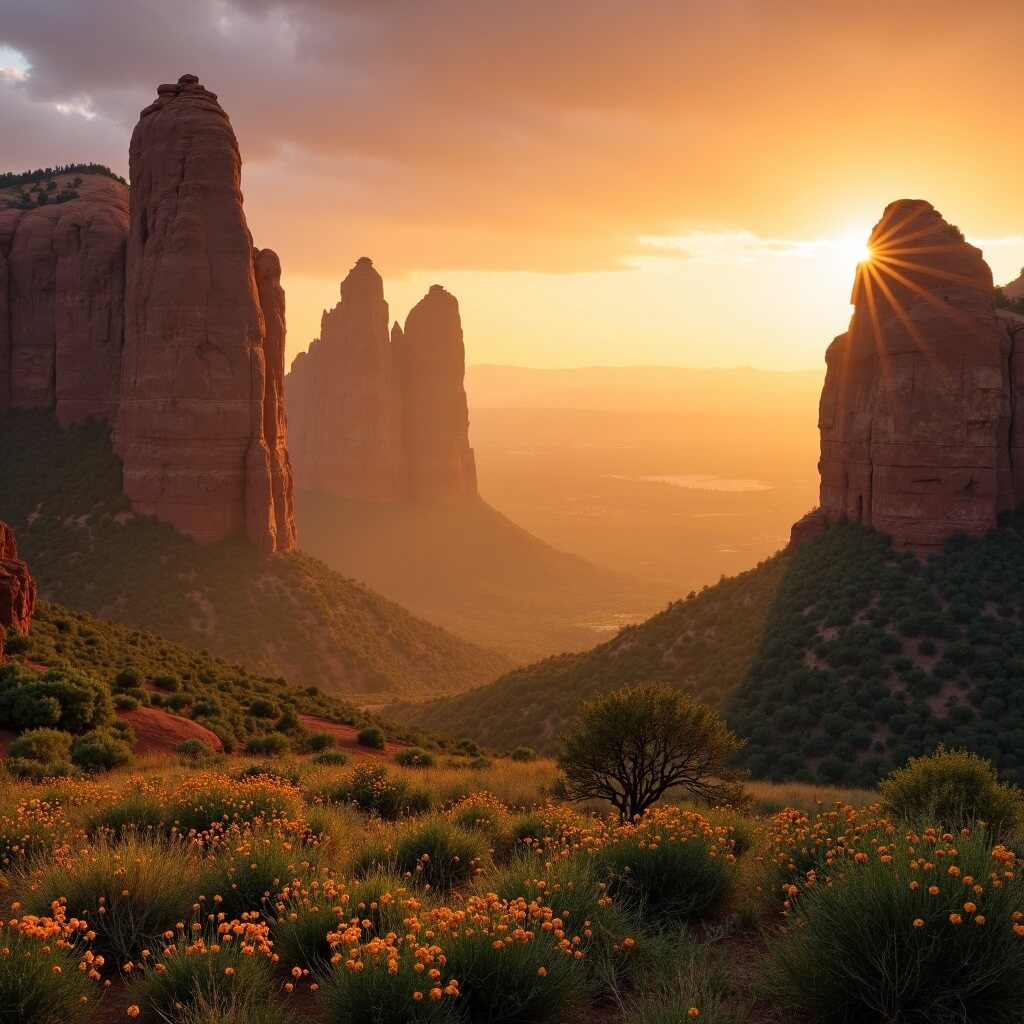 Sunrise at Garden of the Gods with sandstone rock formations silhouetted against a golden-orange sky, morning mist in the valley, and spring wildflowers in the foreground
