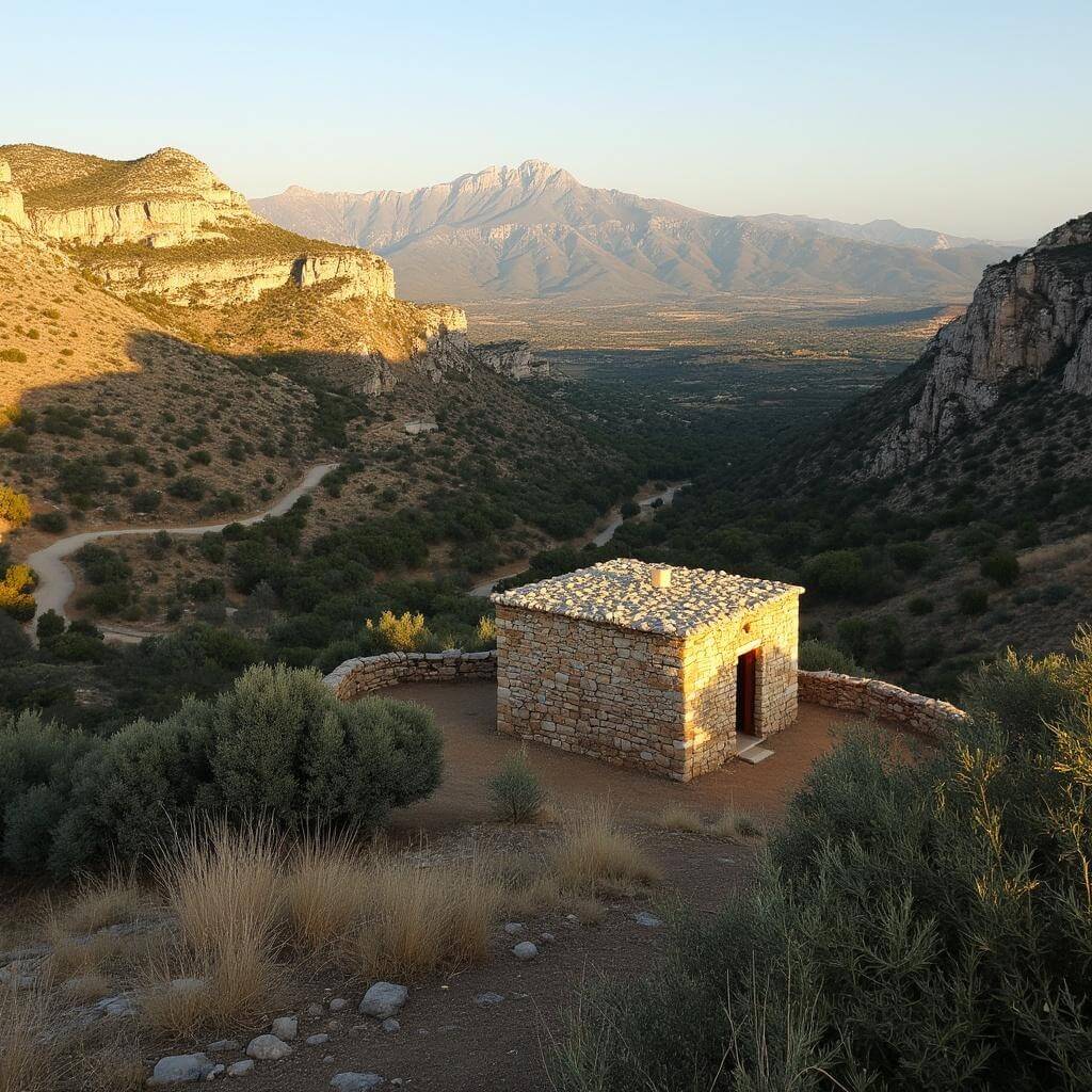 Panoramic view of Gennargentu National Park at golden hour with rugged cliffs, Mediterranean scrubland, hiking trails, ancient olive trees, mountain peaks in sunlight, and a stone shepherd's hut