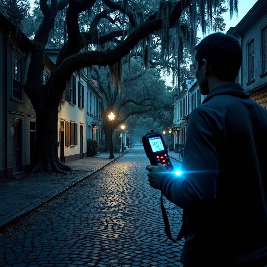 Investigator in modern attire holding a glowing EMF meter in a dimly lit cobblestone street lined with historic Georgian-style buildings at dusk, under ancient oak trees covered in Spanish moss.