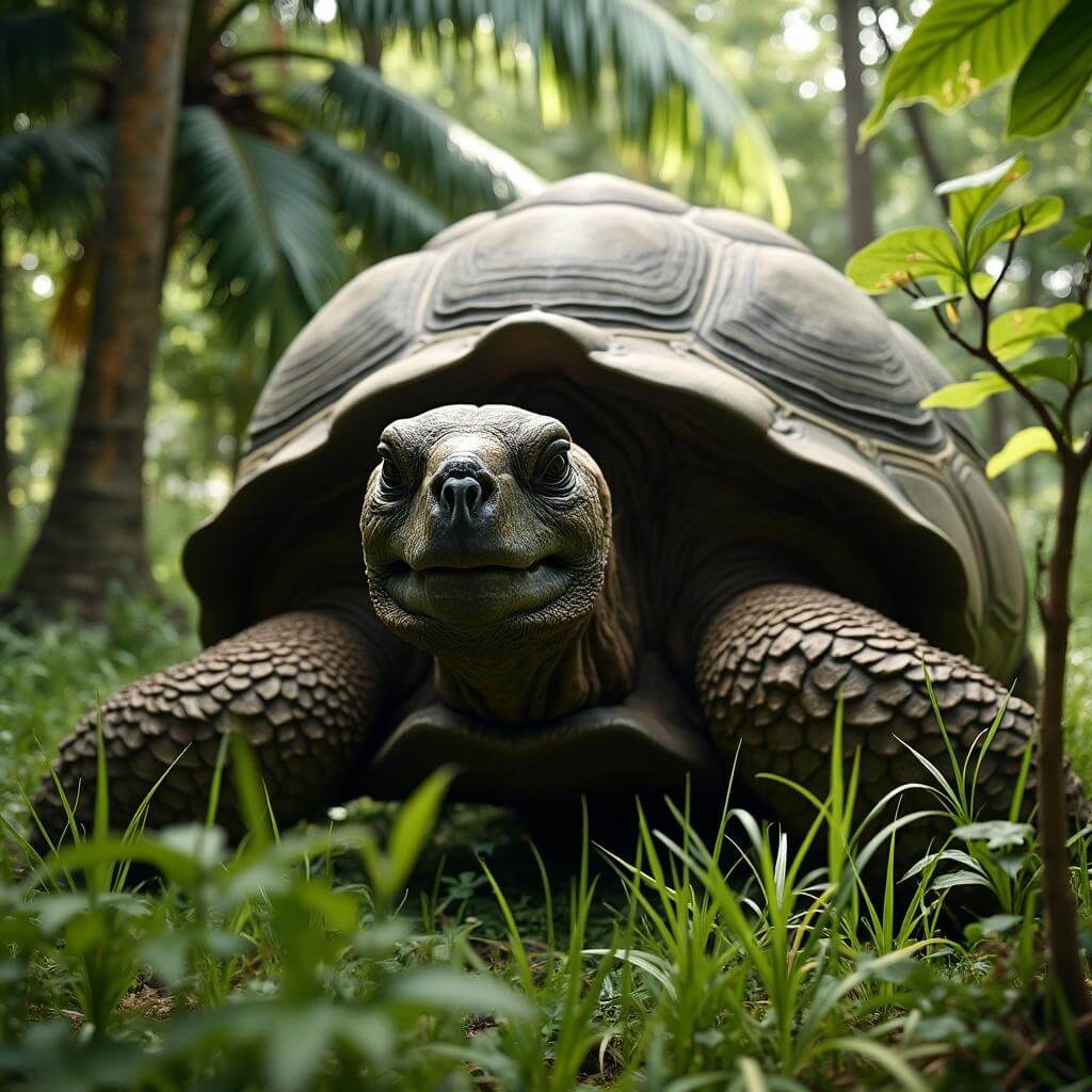 Aldabra giant tortoise moving through lush vegetation, sunlight filtering through the canopy above