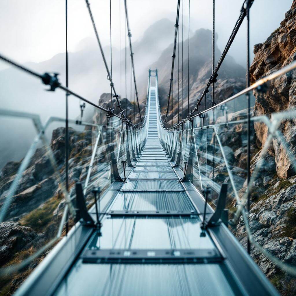 Close-up view of transparent bridge walkway with detailed metal suspension cables, rugged terrain below, and misty mountain backdrop