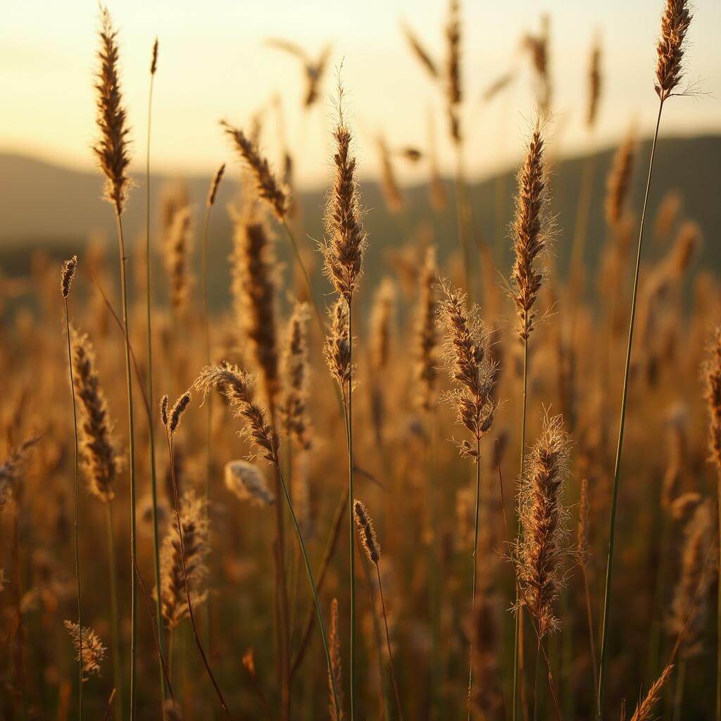 Close-up view of varied prairie grasses at golden hour with details of seed heads and stems illuminated, soft bokeh effect of distant rolling hills in the background