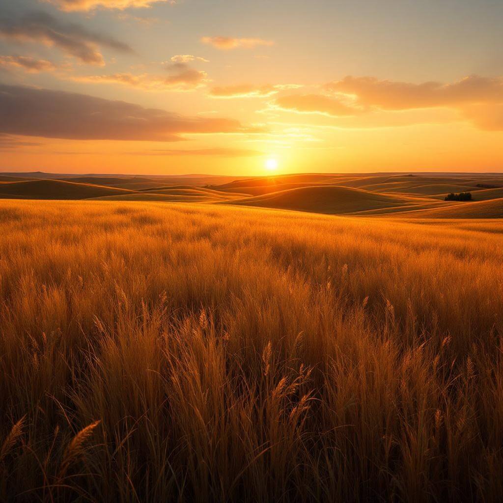 Sweeping sunset over vast tallgrass prairie with golden grasses, rolling terrain, and warm-toned sky