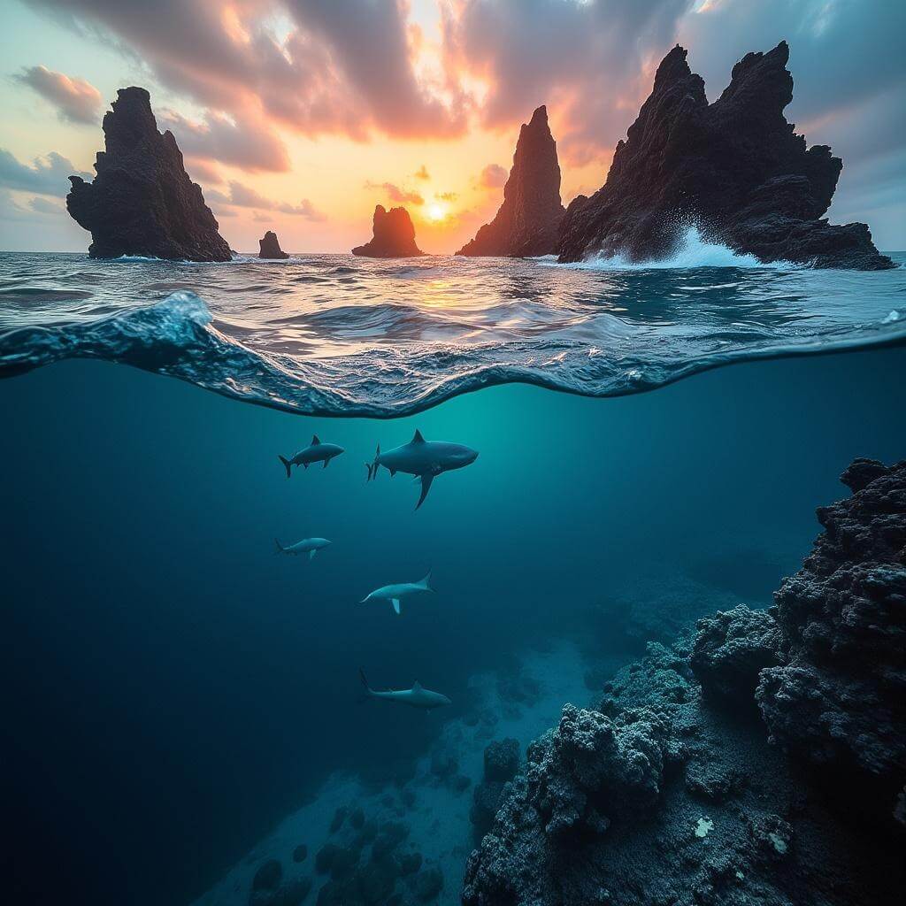 Sunset over Gordon Rocks dive site with volcanic formations, crashing waves and hammerhead sharks beneath the ocean surface