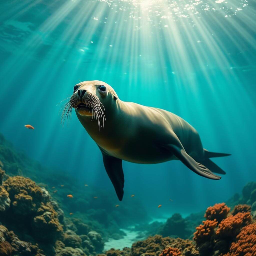 Sea lion swimming in clear turquoise underwater with sunbeams, tropical fish, and vibrant coral formations