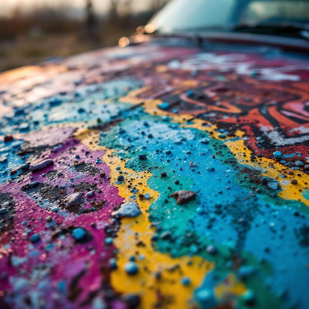 Close-up image of a rusted Cadillac covered in layers of colorful graffiti under warm evening light