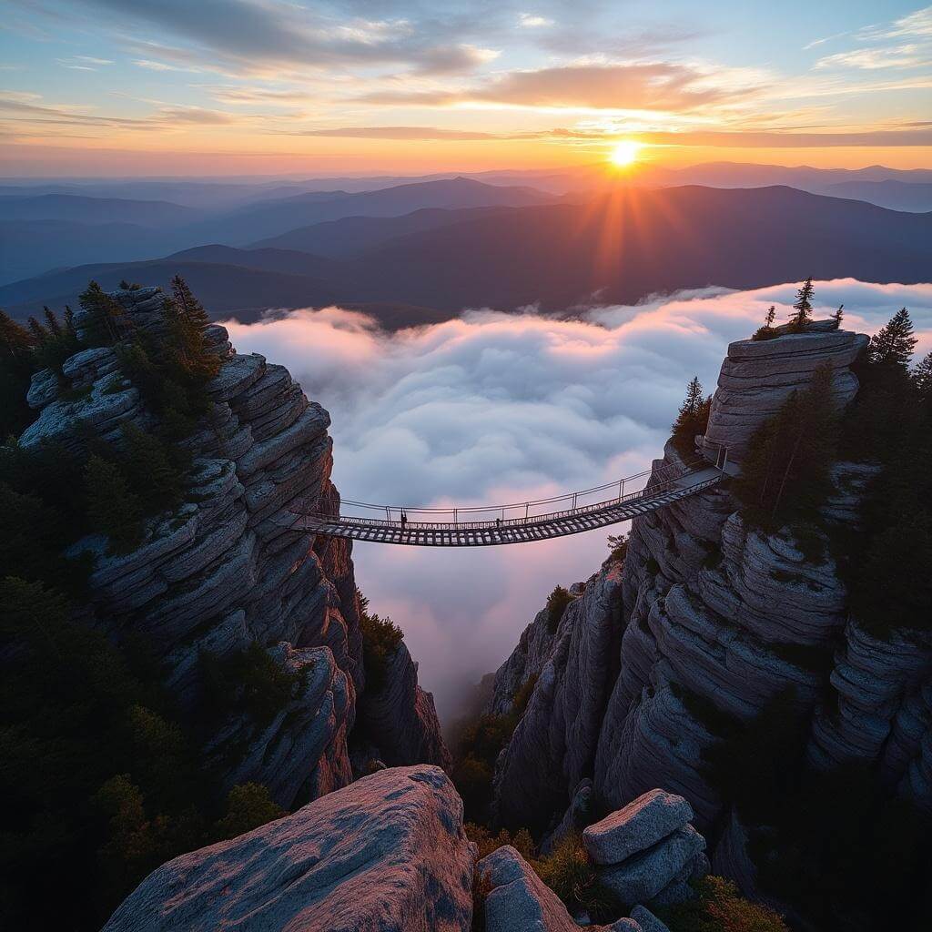 Sunset at Grandfather Mountain with Mile-High Swinging Bridge and layers of blue mountain ranges under dramatic clouds