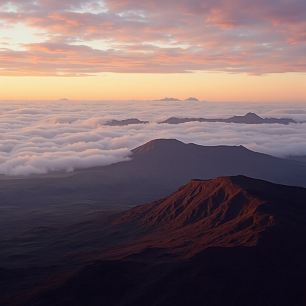Dramatic sunrise over Haleakalā volcano with pastel clouds, misty mountain peaks, and light casting golden and purple hues on rugged terrain
