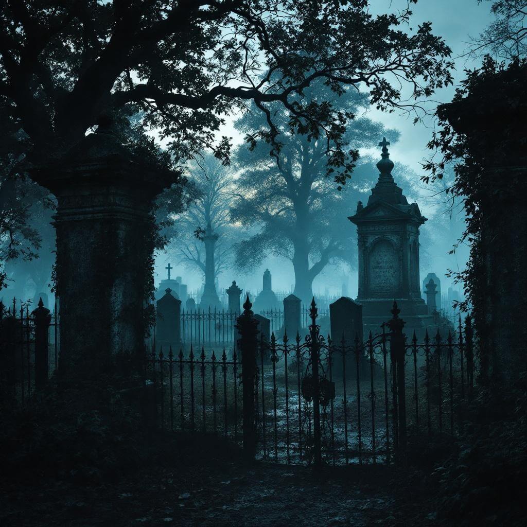 Twilight view of foggy Colonial Park Cemetery with weathered gravestones, iron fences, and eerie tree silhouettes