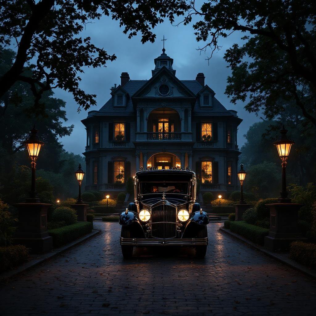 Vintage hearse parked in front of an ornate Southern mansion with shadowy gardens and dim street lighting, embodying a supernatural tour experience