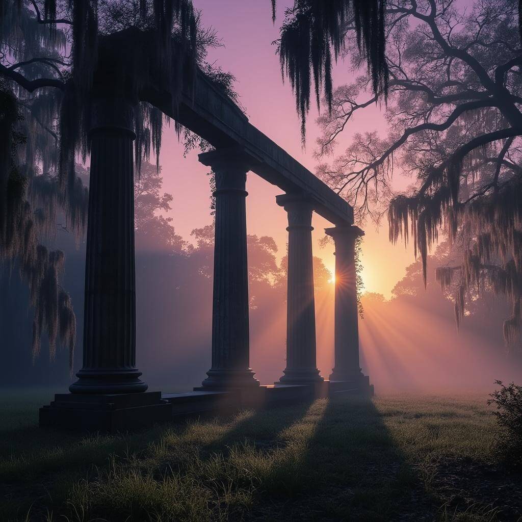 Misty dawn at Windsor Ruins with silhouette of stone columns, Spanish moss on trees and long shadows across grass
