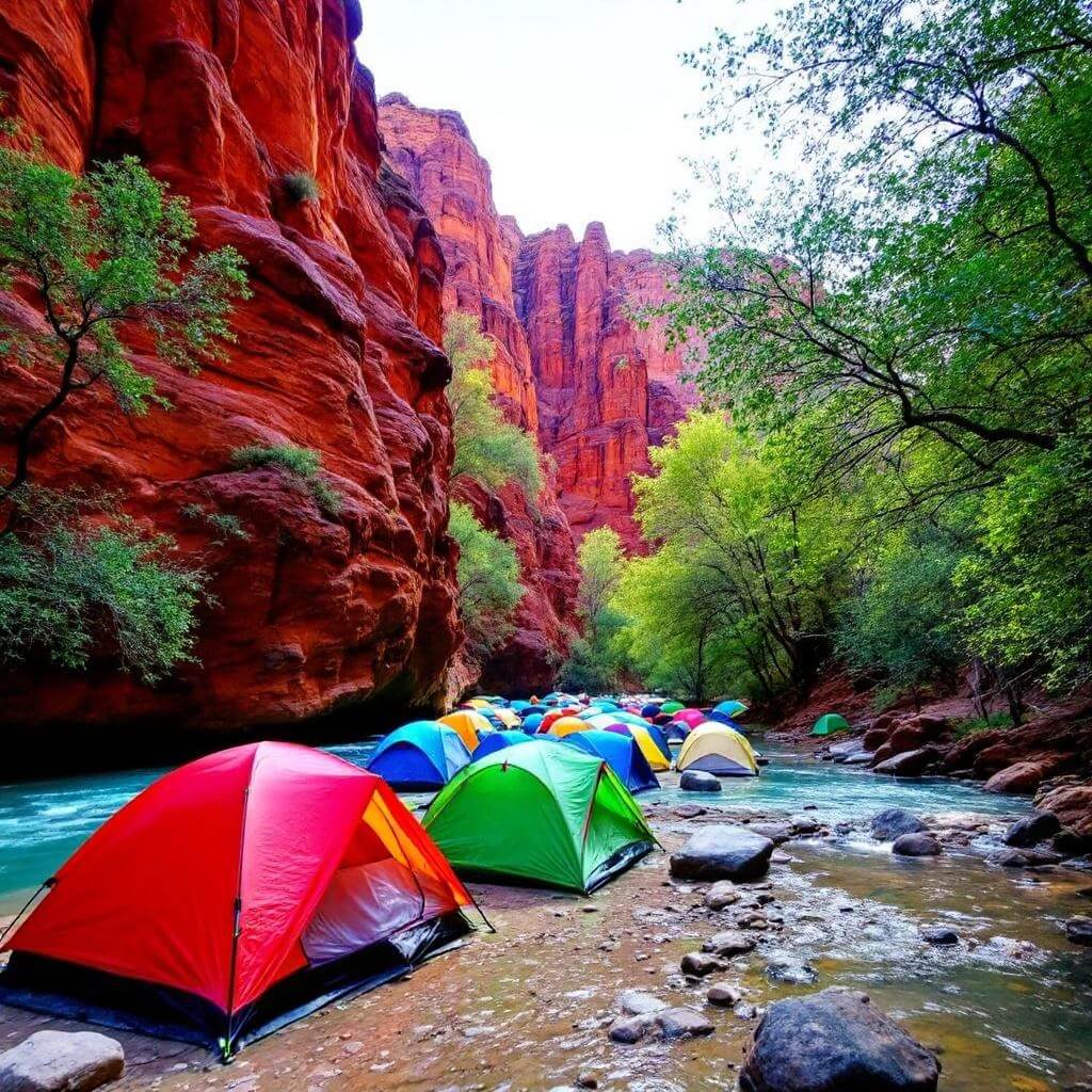 Colorful camping tents near Havasu Creek's edge with red rock canyon walls, surrounded by trees under soft sunlight, displaying Havasupai's stunning beauty