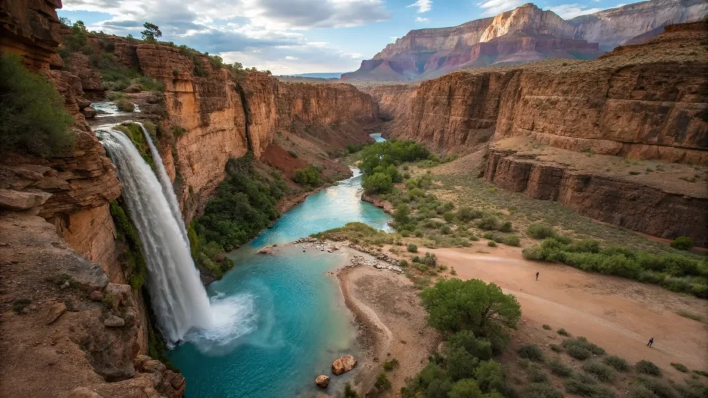 "Aerial view of Havasu Falls in Arizona with vibrant blue waterfalls, rust-red canyon walls, crystalline pools reflecting sunlight, and surrounding desert landscape"
