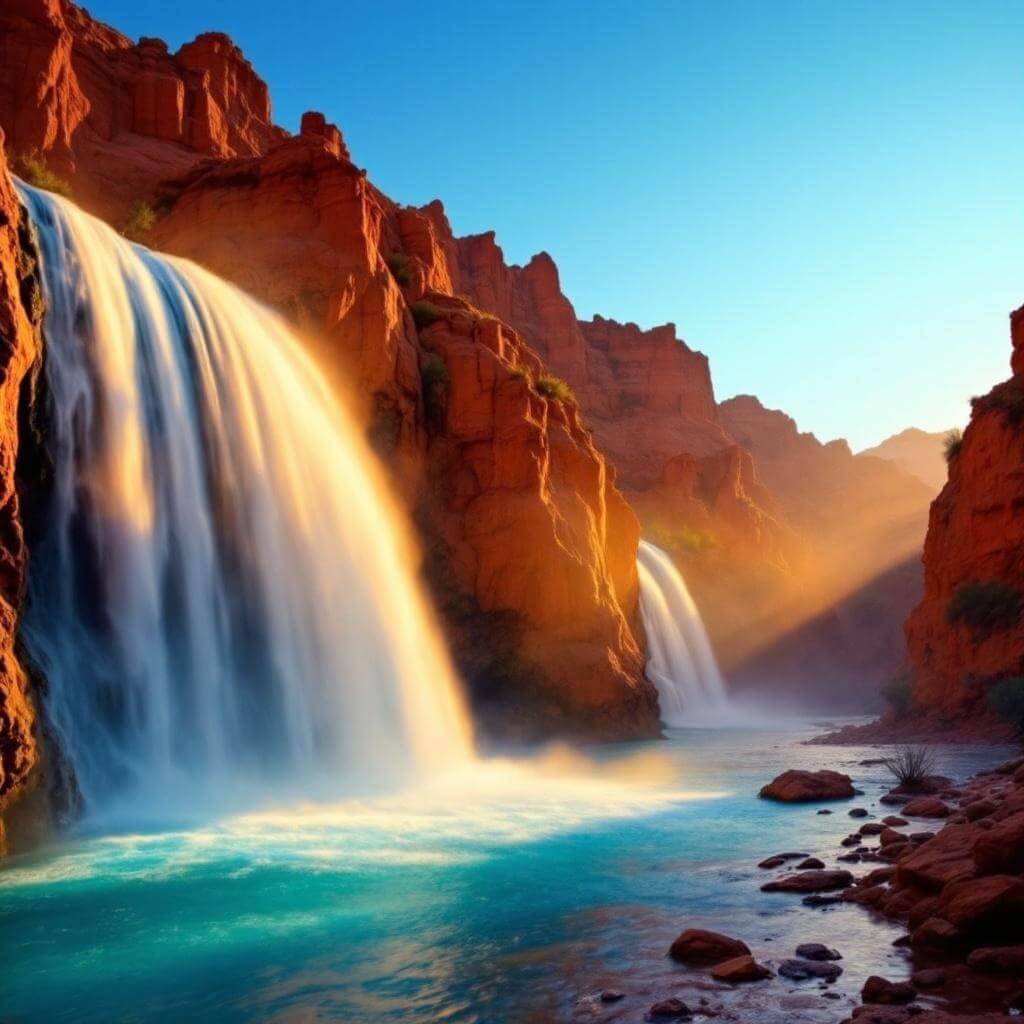 Havasu Falls' turquoise water flowing down rust-colored canyon walls under early morning golden light, with a pristine pool of water at the base