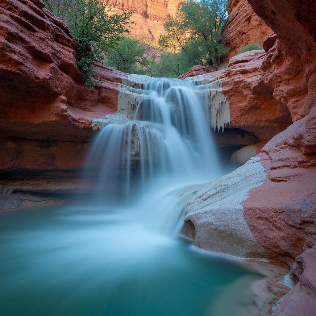 Secluded waterfall with turquoise blue water flowing over travertine formations, surrounded by lush desert vegetation and red rock walls in early morning light with mist rising from the pool below