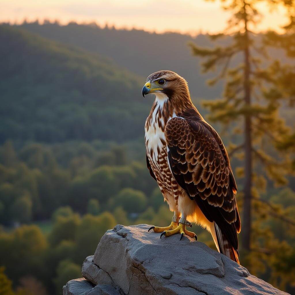 Red-tailed hawk perched on sandstone at Buzzards Point during golden hour with forested valley in the background