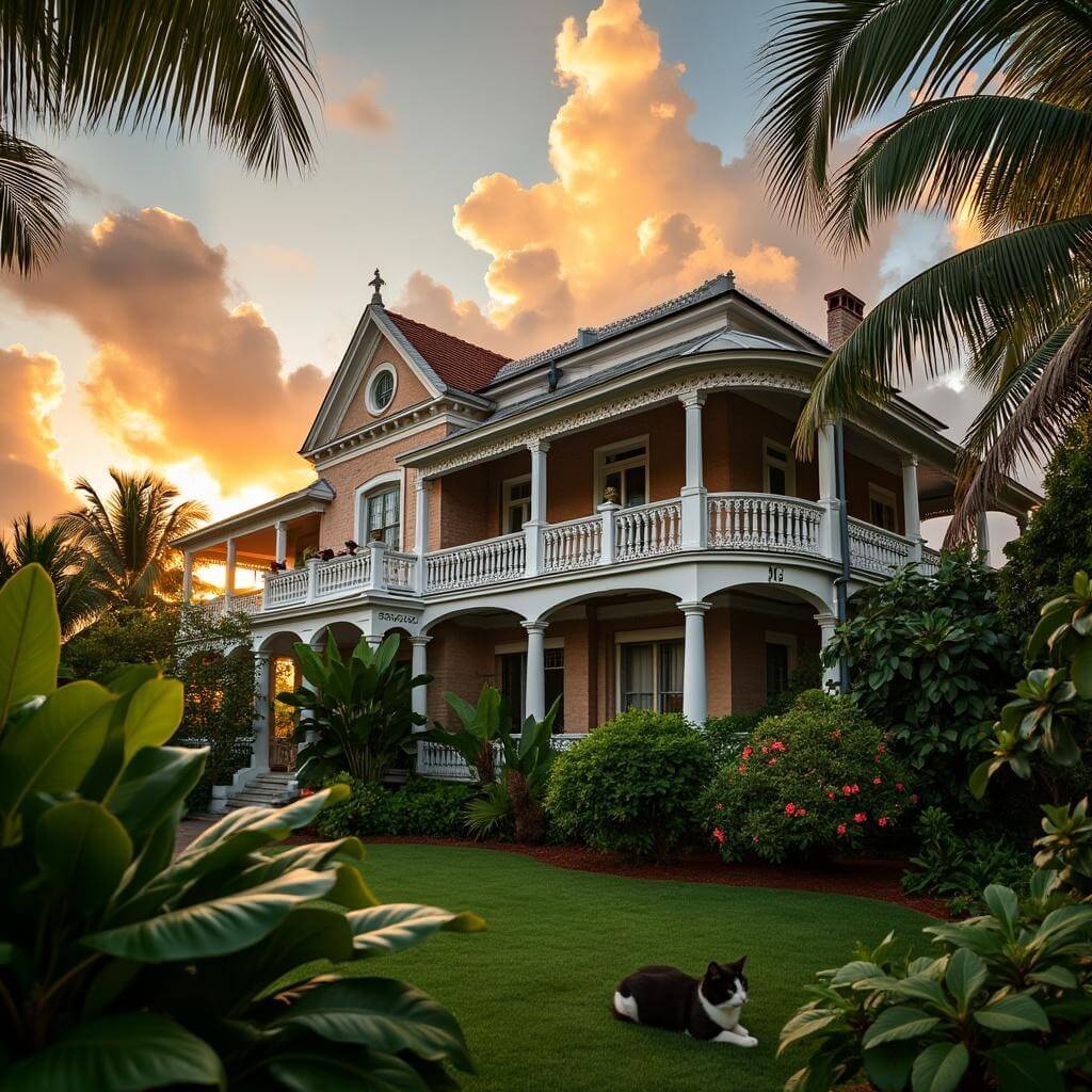 Hemingway House in golden hour light with its colonial Caribbean architecture, lush tropical gardens, six-toed cats on the veranda, and sunset-lit clouds