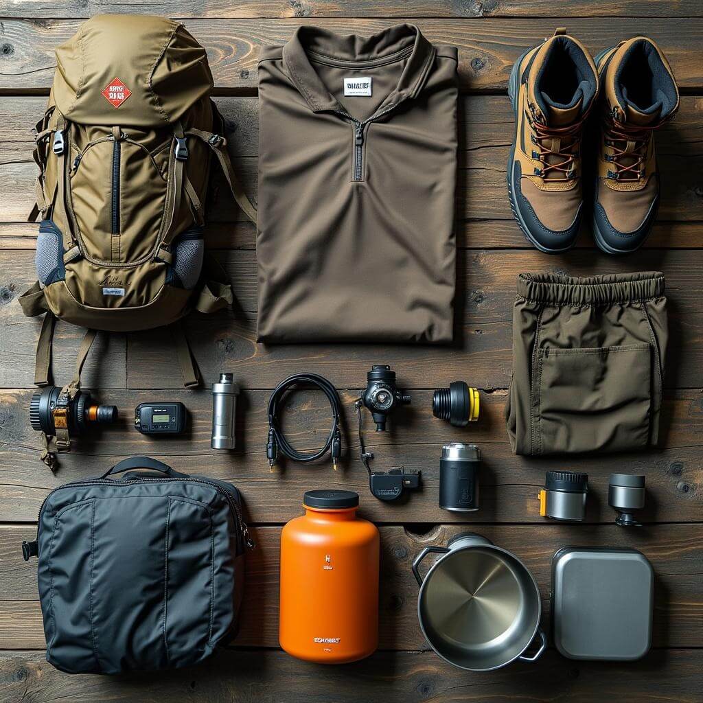 Hiking gear arranged on a wooden surface including backpack, boots, clothing, cooking system, and technical equipment in morning light.