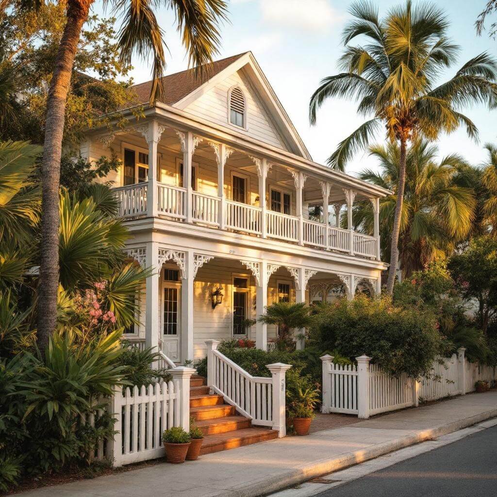 Pastel-colored historic guesthouse in Old Town Key West surrounded by tropical vegetation under warm afternoon sunlight