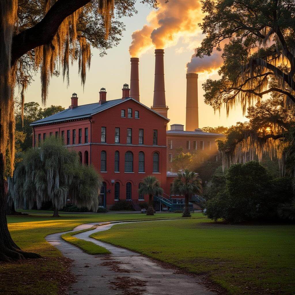 Sunset over historic red brick factory in Louisiana with steam from chimneys, surrounded by lush vegetation and Spanish moss draped oak trees
