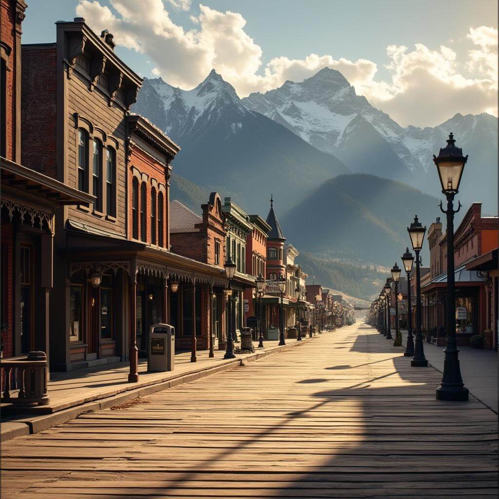 Historic Silverton street scene with weathered wooden boardwalks, Victorian storefronts, mountains in the background, and vintage gas lamps under golden afternoon light
