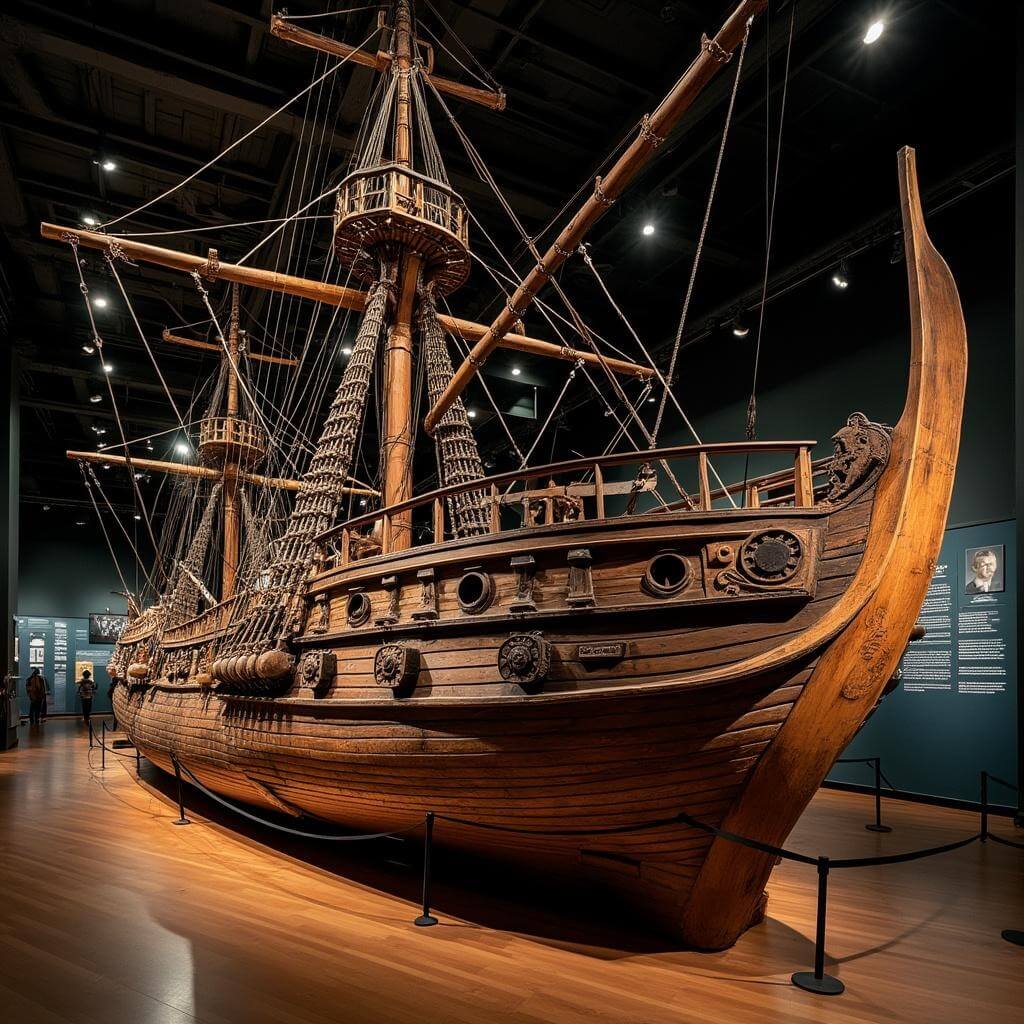 Replica of a full-scale whaling ship in exhibition, highlighting deck textures, rigging details and authentic period equipment under atmospheric lighting