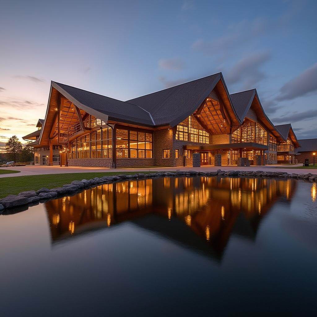 Hjemkomst Center exterior at sunset with its Norwegian-inspired architecture reflected in nearby water, illuminated by golden hour light
