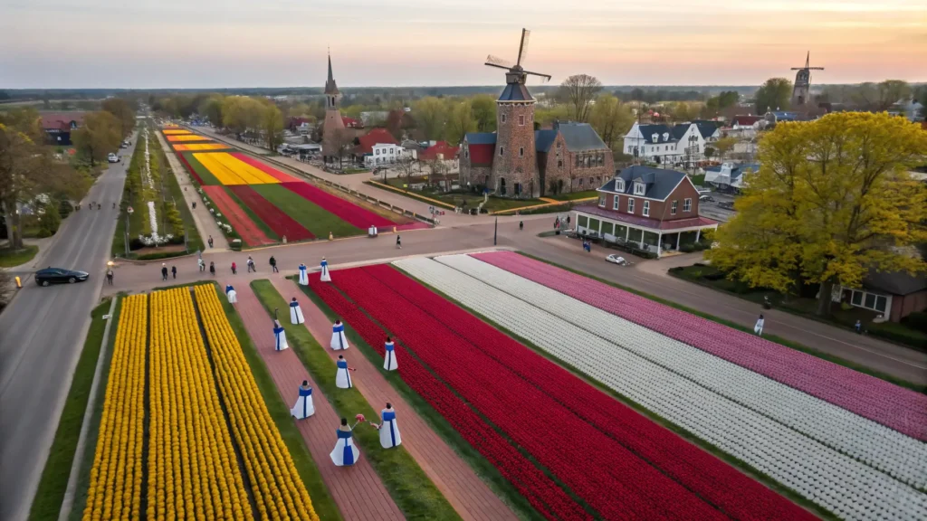 "Aerial view of Tulip Time Festival in downtown Holland, Michigan with Dutch dancers in traditional costumes, geometric tulip fields, Dutch-style architecture, and windmills"