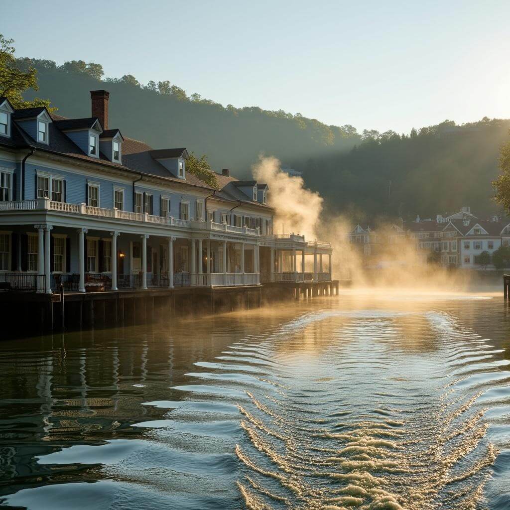 Early morning panoramic view of Hot Springs National Park's historic district with bathhouse row and thermal springs steam, duck boat's wake in the foreground