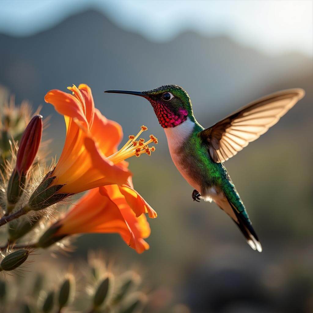 Ruby-throated hummingbird hovering near orange desert trumpet flower in morning light with blurred desert mountains in the background