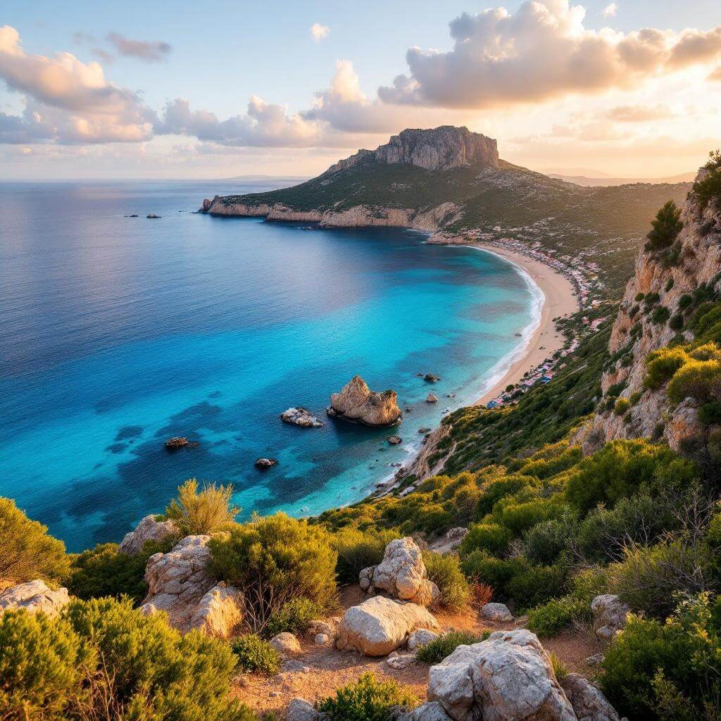 Panoramic landscape of Ibiza's coastline during golden hour with clear Mediterranean waters, rugged cliffs, and lush greenery