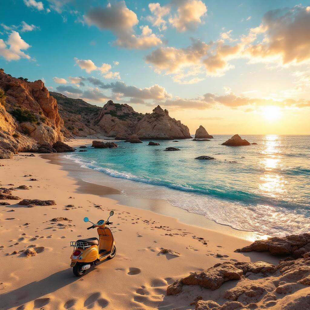 Secluded Ibiza beach at sunset with turquoise waters, sandy shoreline, rocks, and lone scooter