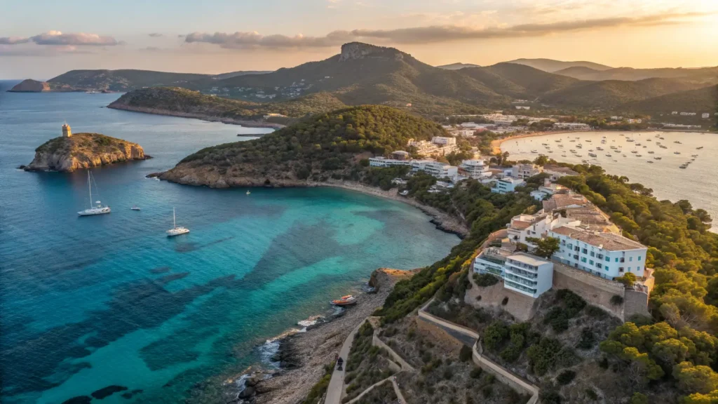 "Aerial view of Ibiza featuring a traditional villa, turquoise waters, sandy beaches, Dalt Vila, luxury yachts, and agricultural terraces during golden hour"