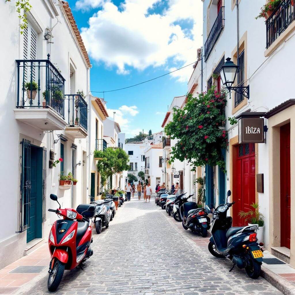 Traditional white-washed Mediterranean architecture contrasted with modern urban life in Ibiza Town, featuring cobblestone streets, parked scooters, and local residents engaging in daily activities