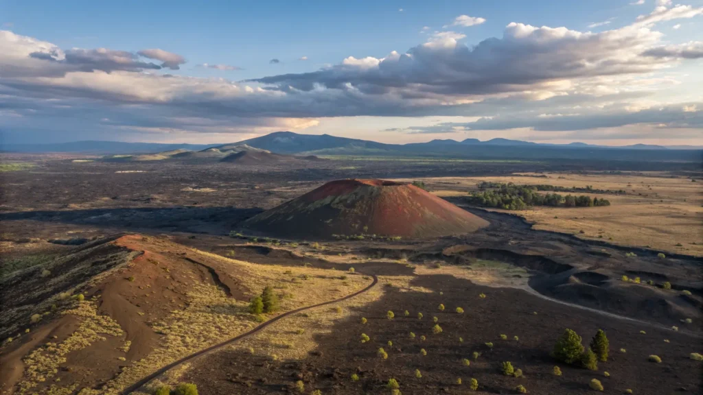 "Aerial view of Craters of the Moon National Monument at sunset with cinder cone volcano, rope-like lava formations, sagebrush, wildflowers, and silhouette of a pronghorn antelope"