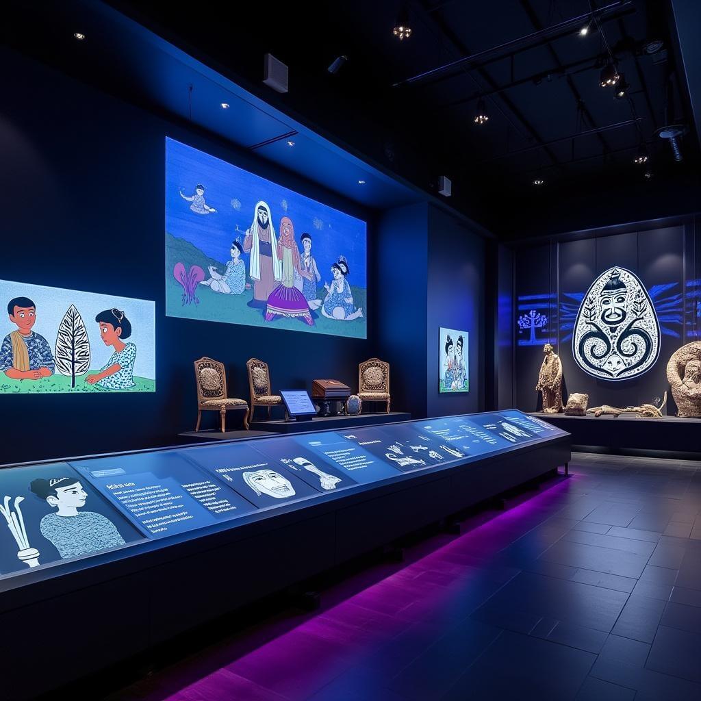 Interactive display area in a modern museum featuring digital screens and projection mapping of animated Indigenous artwork, blended with traditional artifacts in a dark space with blue and purple lighting.