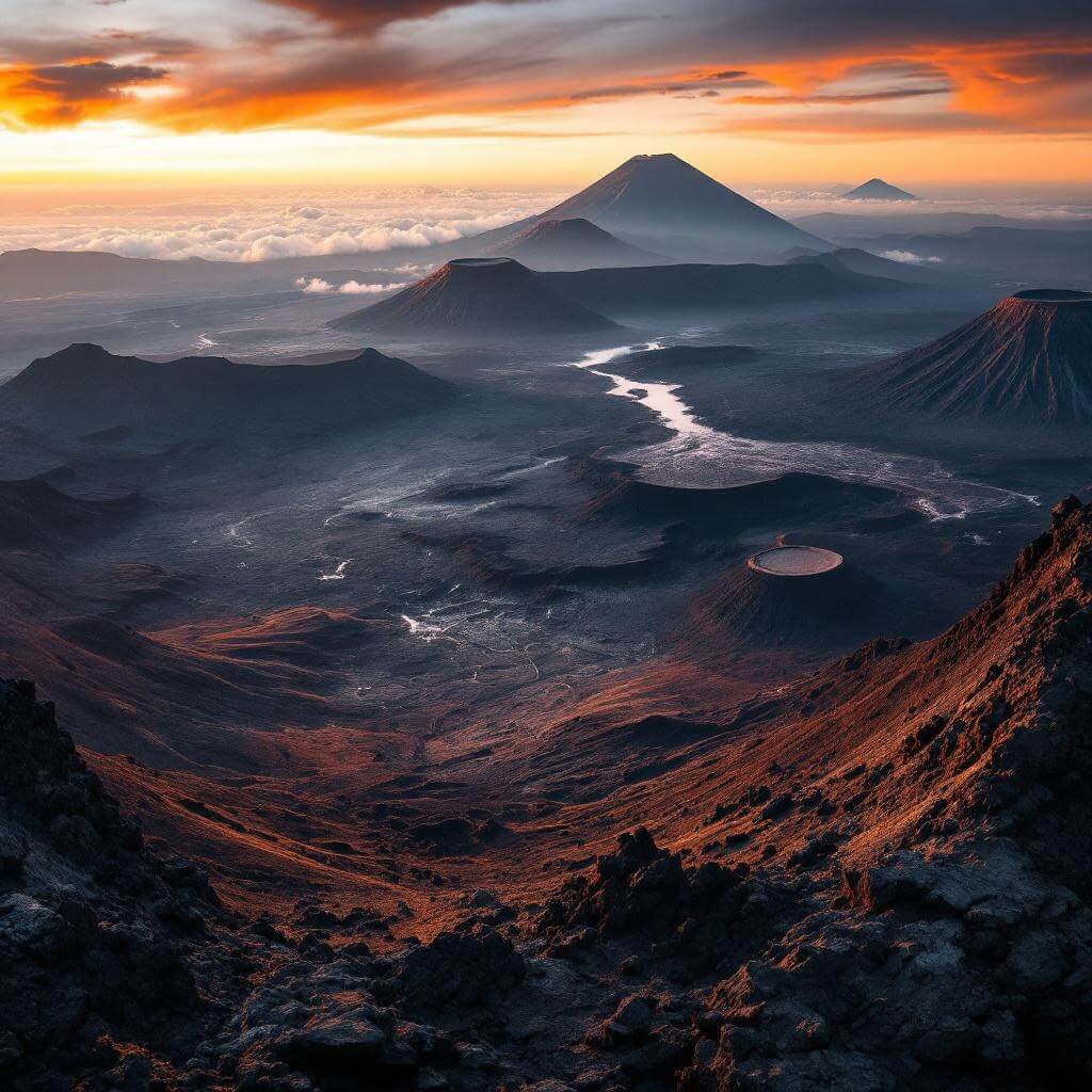 Panoramic sunset view from Inferno Cone showing vast volcanic landscape with cinder cones and lava fields
