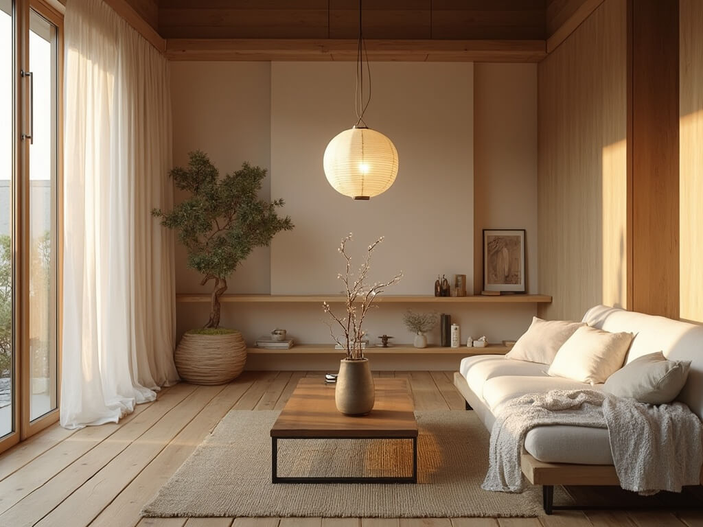 "Serene Japandi style living room with minimal decor and natural materials, during golden hour"