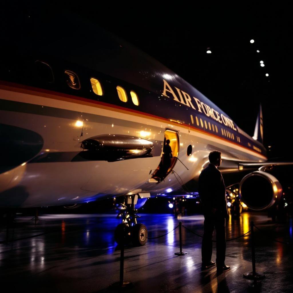 JFK's Air Force One aircraft in a museum, showcased under soft lighting accentuating its polished exterior and preserved presidential era details.
