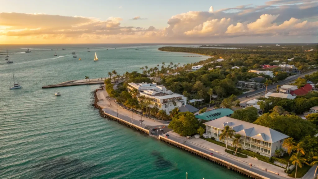"Aerial view of Key West at sunset with historic Old Town, turquoise waters, Overseas Highway, Mallory Square, Southernmost Point buoy, Hemingway's house, Victorian-style houses, sailboats, palm trees, and colorful galleries and cafes on Duval Street, depicting both Atlantic and Gulf sides."