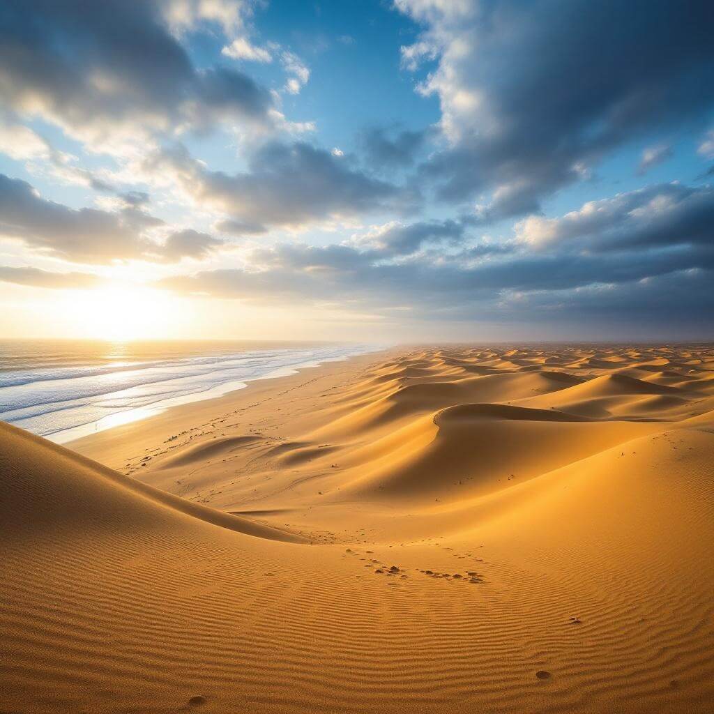 Wide-angle landscape of sandy, windswept Kill Devil Hills, the location of the first powered flight, bathed in early morning golden light