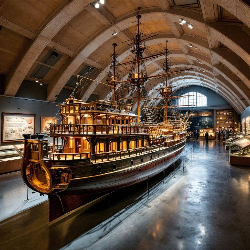 Panoramic view of the half-scale Lagoda ship model in museum, highlighting its intricate architectural and maritime details