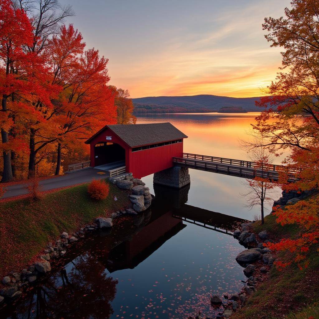 Sunset over Lake Champlain with a red covered bridge surrounded by fall-colored maple and oak trees reflected in the water