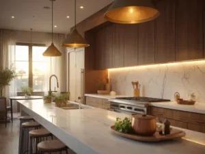 "Layered kitchen lighting design with pendant fixtures and under-cabinet LEDs on marble island"
