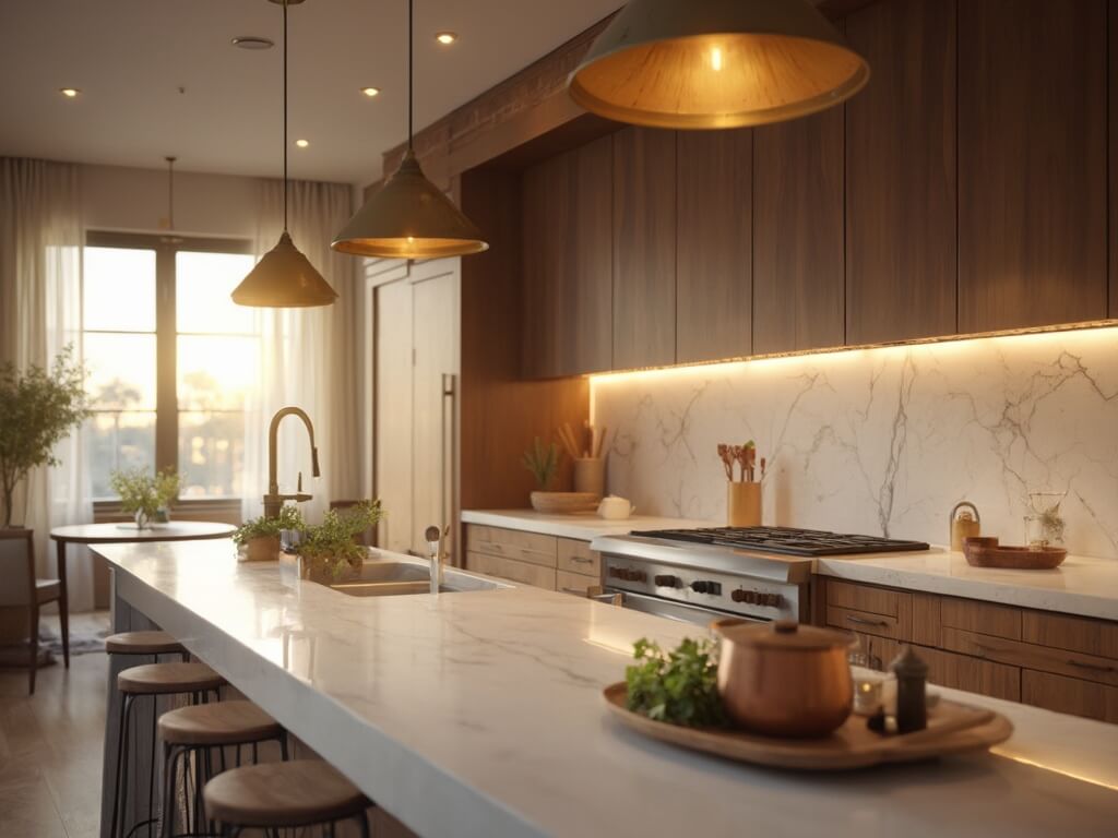"Layered kitchen lighting design with pendant fixtures and under-cabinet LEDs on marble island"