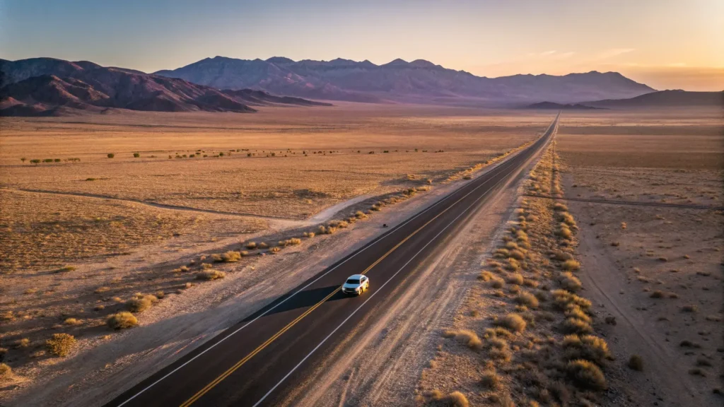 "Lone car traversing the isolated two-lane highway across the Nevada desert during golden hour, with layered mountains in the background and vast landscapes on both sides"