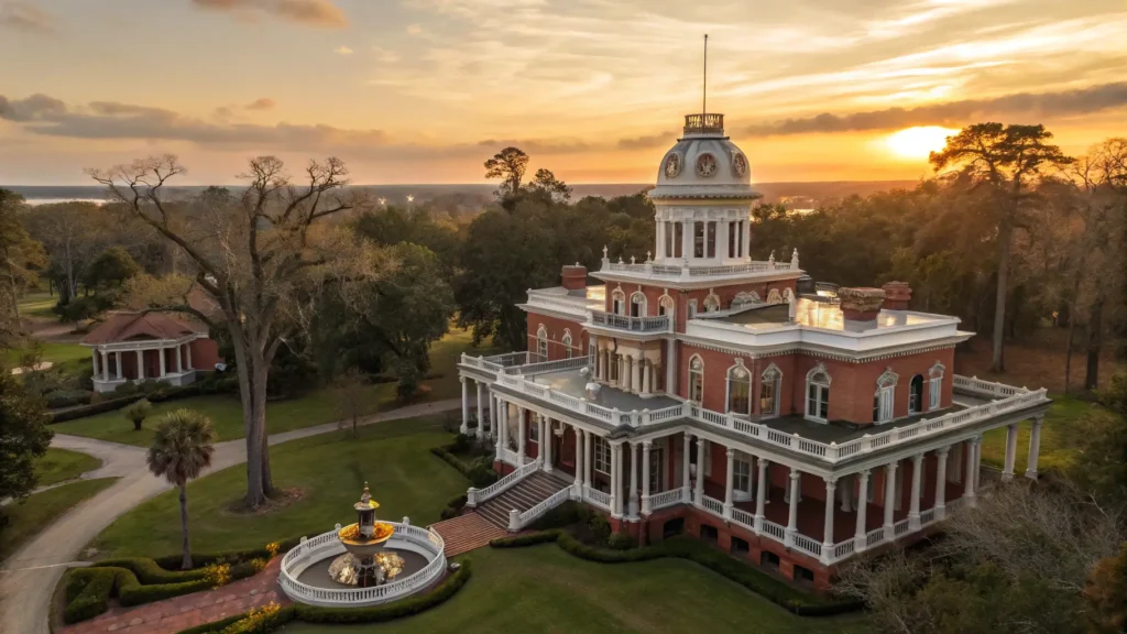 "Aerial view of Longwood Mansion's unique octagonal design and ornate Oriental dome, surrounded by oak trees and gardens, during golden hour"
