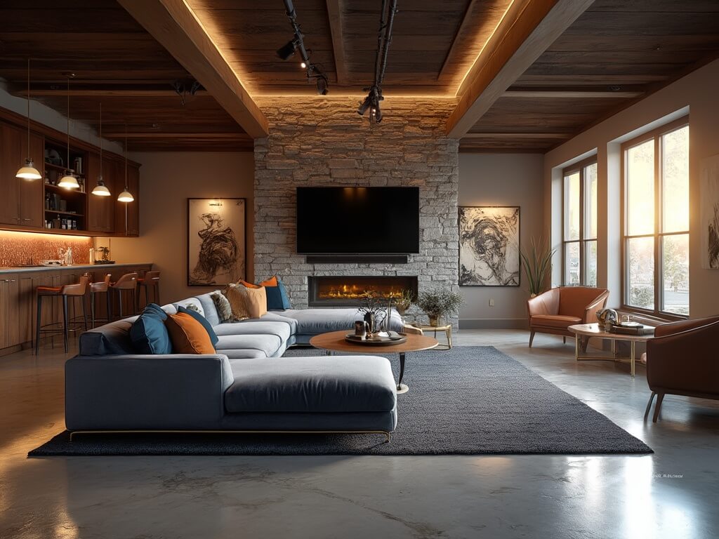 "Luxurious finished basement featuring multiple zones with modern industrial and cozy interior including a living area with TV and sectional, wet bar, and reading nook during golden hour."