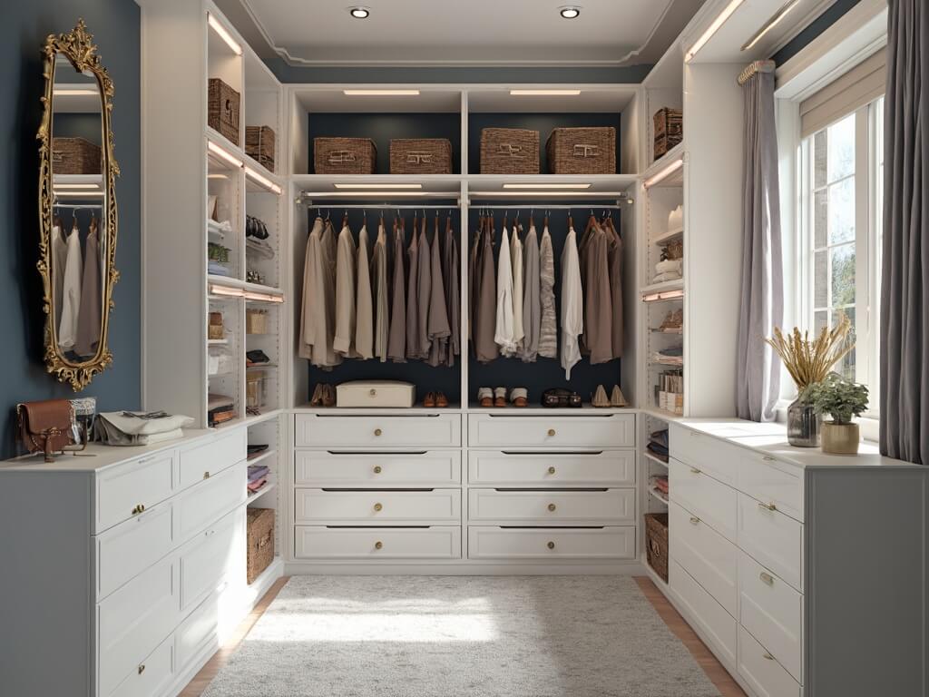 "Organized compact closet with custom white shelving, velvet hangers, clear acrylic organizers, and a navy blue accent wall"
