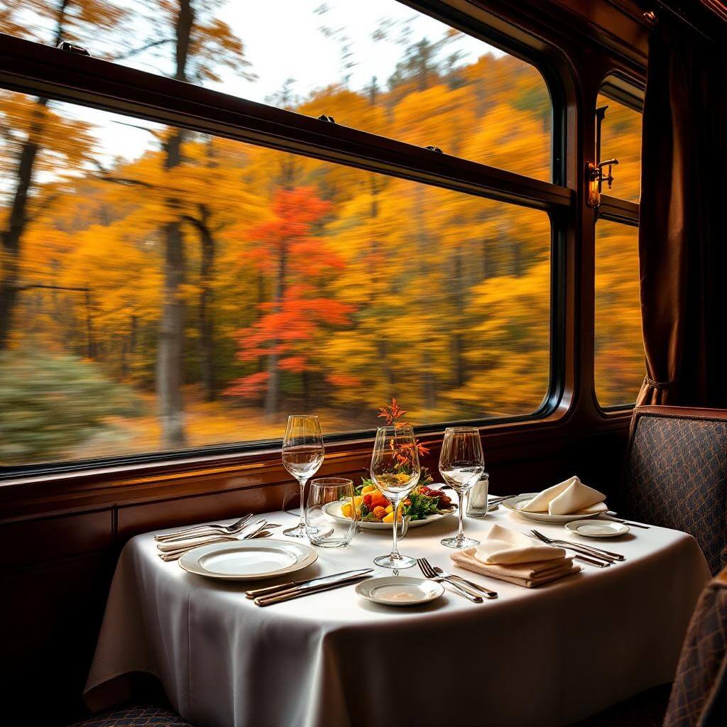 Interior of Champlain Valley Dinner Train with elegantly set dining table, gourmet food, soft lighting, and large windows revealing a blur of autumn foliage